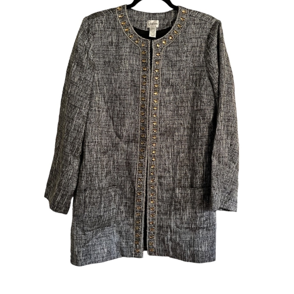 Chicos Jewel Tweed Jacket‎ 12 Black Classic Resort Preppy Old Money Luxury Chic